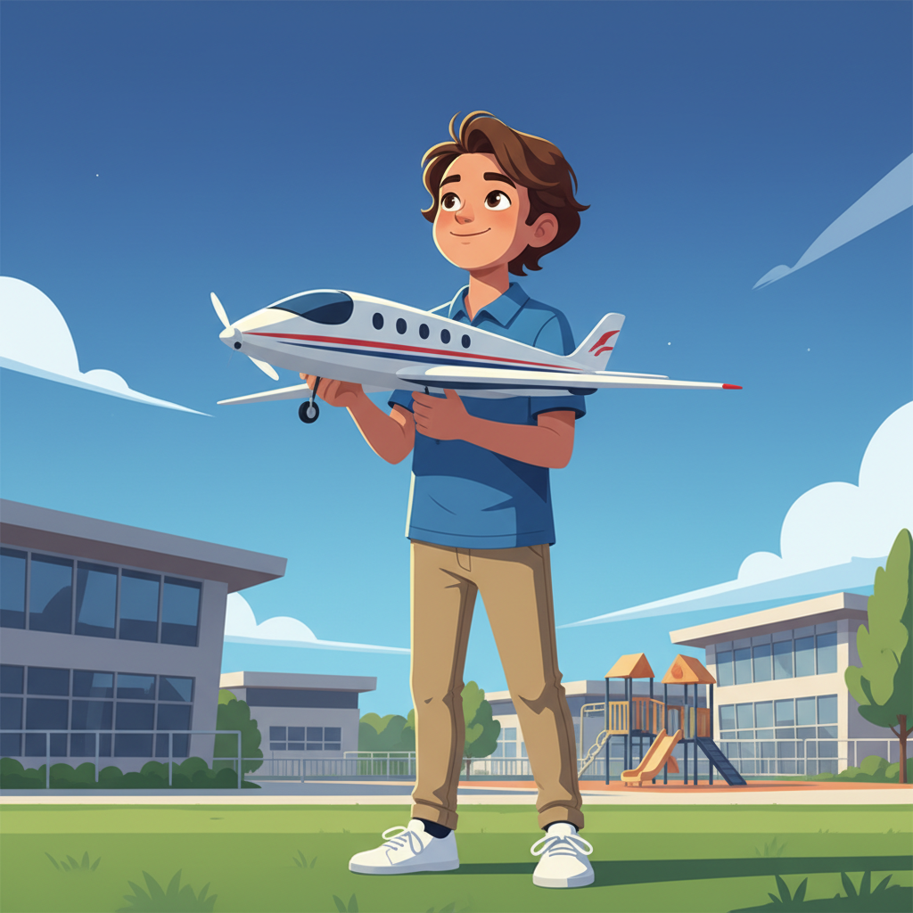 Abdullah, pre-teen boy with brown wavy hair, medium skin color, wearing Casual clothing, A boy with brown wavy hair and medium skin color holding a sleek model airplane and looking towards the sky with a confident smile, A bright school backyard with a clear blue sky in the background, Golden hour sunlight illuminating the boy's face and Hopeful and inspired, flat corporate style, Medium shot showing the boy and the detailed model airplane, flat corporate style.