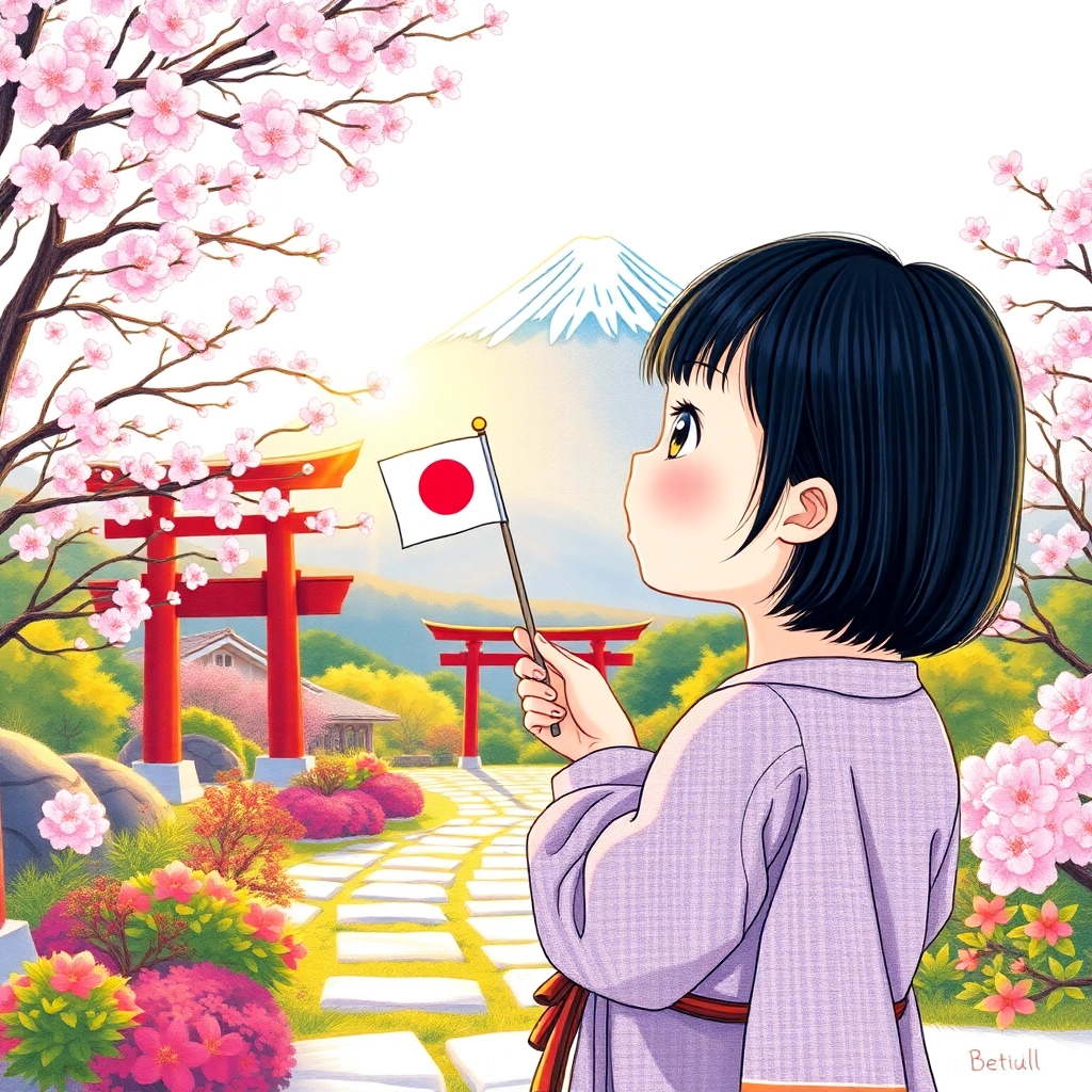 Betül, toddler girl with black straight hair, fair skin color, wearing Asian clothing, Betül, holding a small Japanese flag, gazes excitedly at Mount Fuji in the distance, A vibrant Japanese garden with cherry blossom trees and a traditional torii gate, Golden hour sunlight casting long shadows and Excited and hopeful, Hand-drawn illustration, colored pencil, whimsical., Wide shot showing Betül's full body and the scenic landscape, 