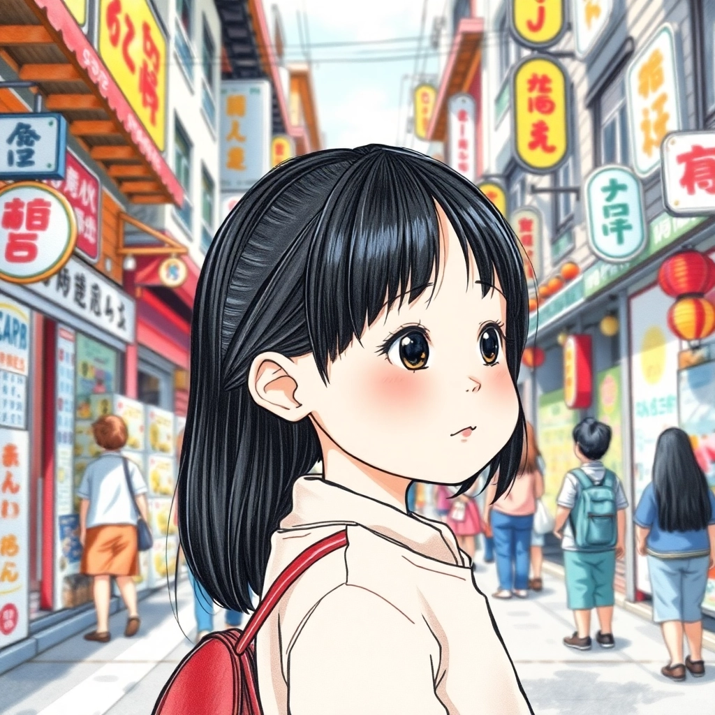 Betül, toddler girl with black straight hair, fair skin color, wearing Asian clothing, Betül observing a bustling Japanese street, Crowded street with colorful shops and traditional architecture, Bright daylight with scattered shadows and Curious and observant, Hand-drawn illustration, colored pencil, whimsical., Wide shot capturing the vibrant street scene and Betül's perspective,