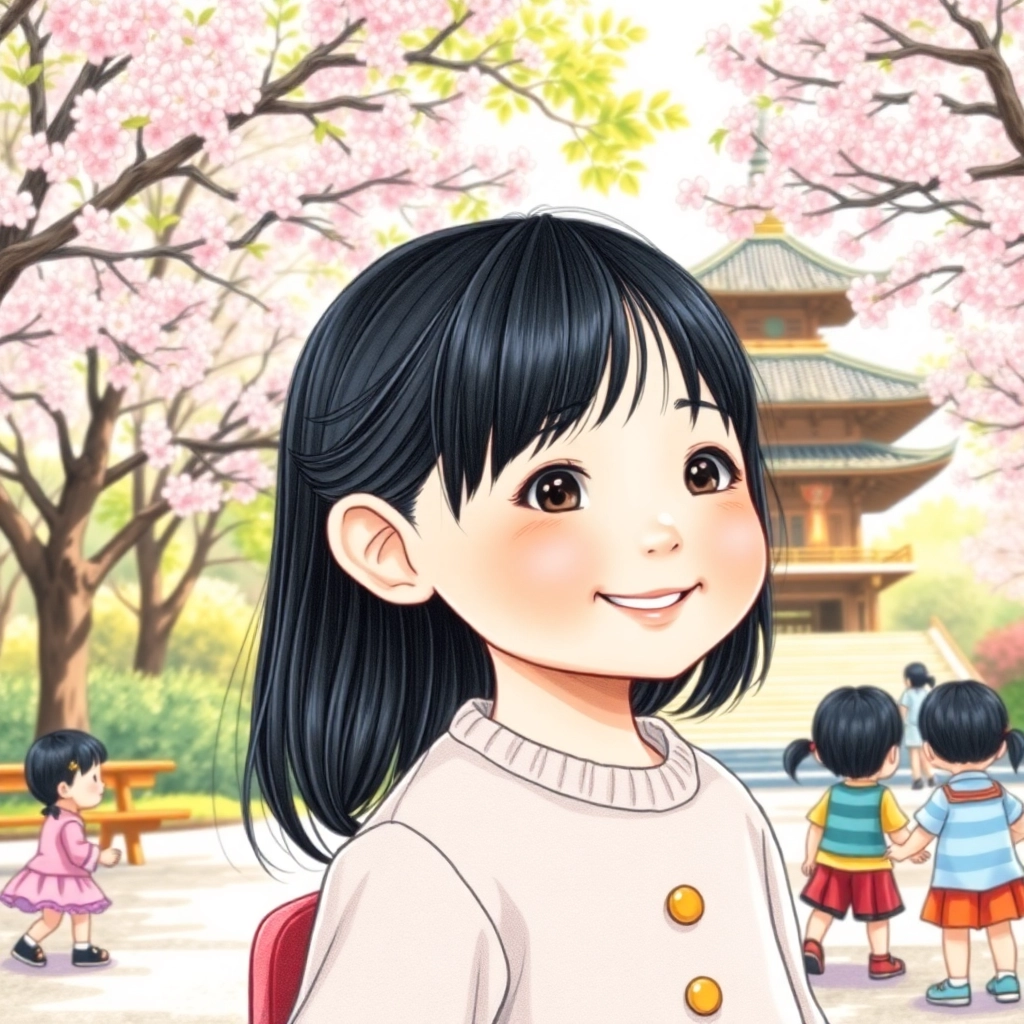 Betül, toddler girl with black straight hair, fair skin color, wearing Asian clothing, Betül playing with other children in a park, Tokyo park with cherry blossom trees and a playground, Soft afternoon light and Joyful and playful, Hand-drawn illustration, colored pencil, whimsical., Medium shot showing Betül interacting with other children,