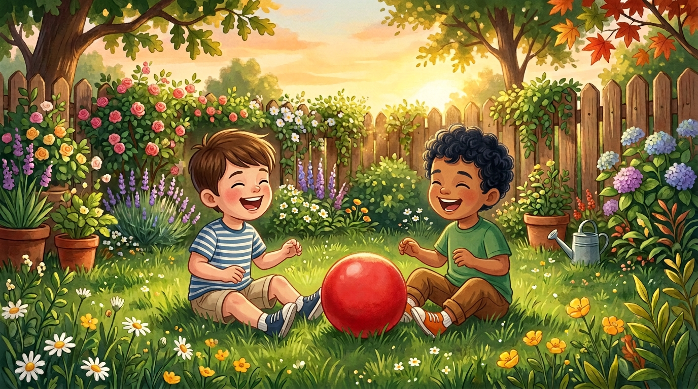 Buğra, toddler boy with brown short hair, fair skin color, wearing Casual clothing, Buğra and Mustafa are sitting on the green grass laughing together with a big red ball between them, a peaceful backyard garden with soft flowers and a wooden fence, warm golden hour sunlight and joyful and heartwarming, Illustration for Children's Book, wide shot showing both children and the garden setting, 