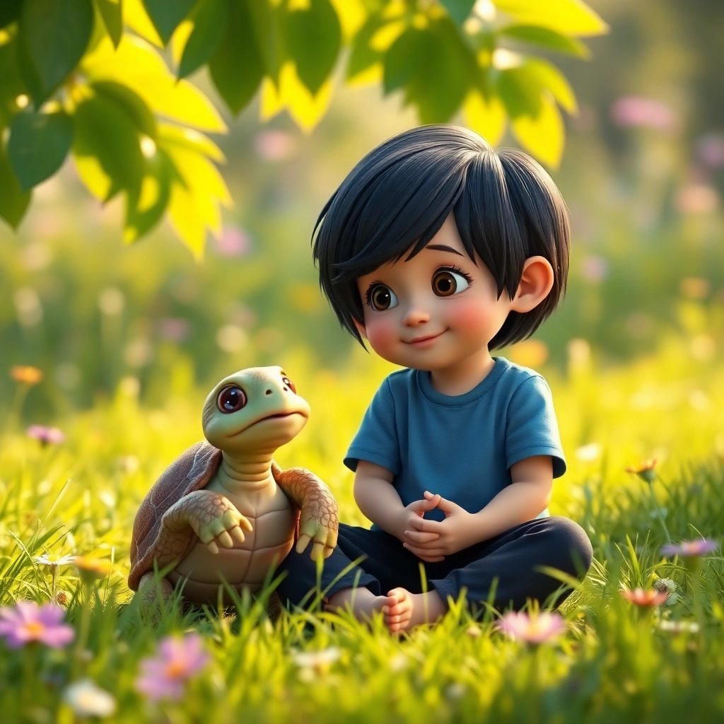 Enes, a toddler boy with black straight hair, wears blue t-shirt and black pant, sitting cross-legged and looking curiously at a turtle, the turtle smiles gently at Enes, vibrant green meadow with wildflowers in the background, warm sunlight filtering through leaves, Pixar-like character design, octane render, shallow depth of field, hopeful and inviting mood, cinematic composition
