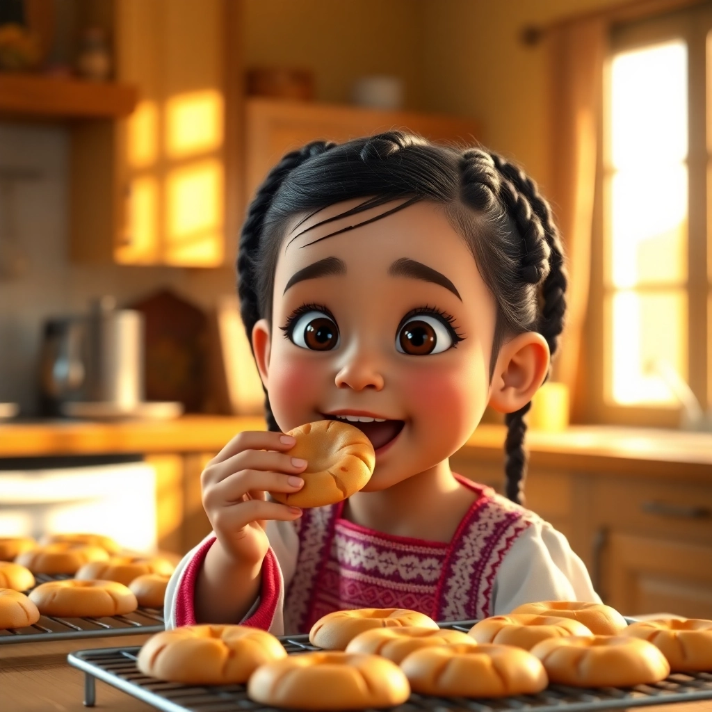 Halime, toddler girl with black braided hair, fair skin color, wearing Traditional clothing, Halime tastes a freshly baked cookie with delight, Kitchen with oven and cookie tray in background., Warm, inviting kitchen light. and Happy and satisfied., Pixar-like character design, octane render, highly detailed., Close-up shot of Halime’s face as she eats.,