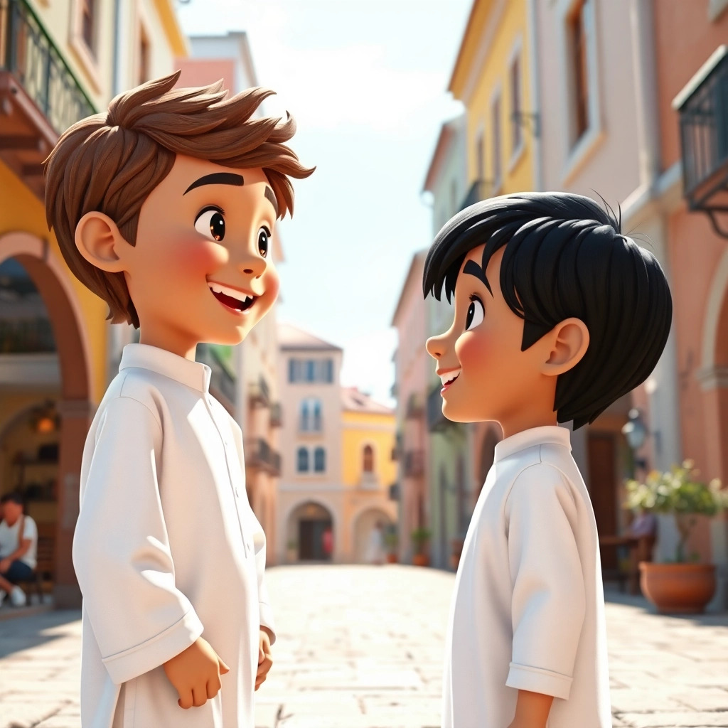 Ibrahim, 3 years old boy, brown wavy hair, wears white clothes, joyful, generous, peaceful and patience, and Salih, 3 years old boy, black straight hair, wears white clothes, friendly, helpful, joyful and patience, are standing in a sunny town square, smiling at each other. The buildings are painted in (warm pastel colors:1.4). (Side view:1.2). The scene is bright and cheerful.