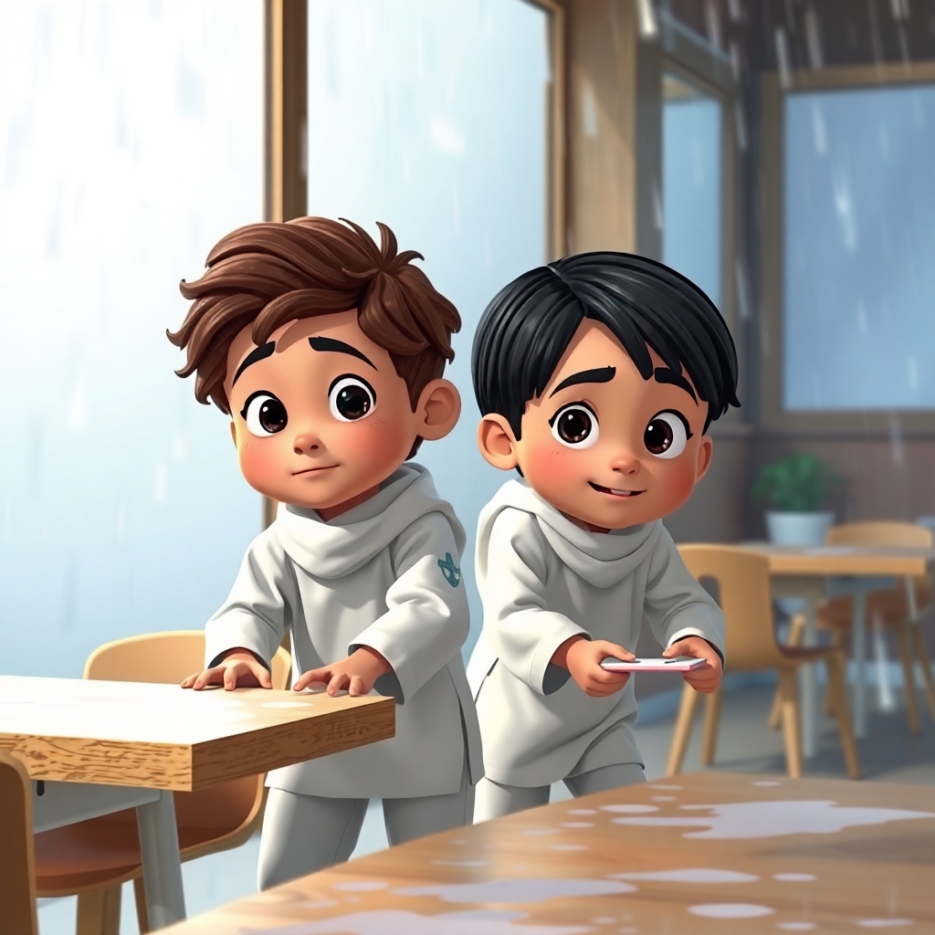 Ibrahim, 3 years old boy, brown wavy hair, wears white clothes, joyful, generous, peaceful and patience, and Salih, 3 years old boy, black straight hair, wears white clothes, friendly, helpful, joyful and patience, are helping to move tables indoors during a storm. They are working together with determination. (Dynamic action shot:1.3). (Medium shot:1.2).
