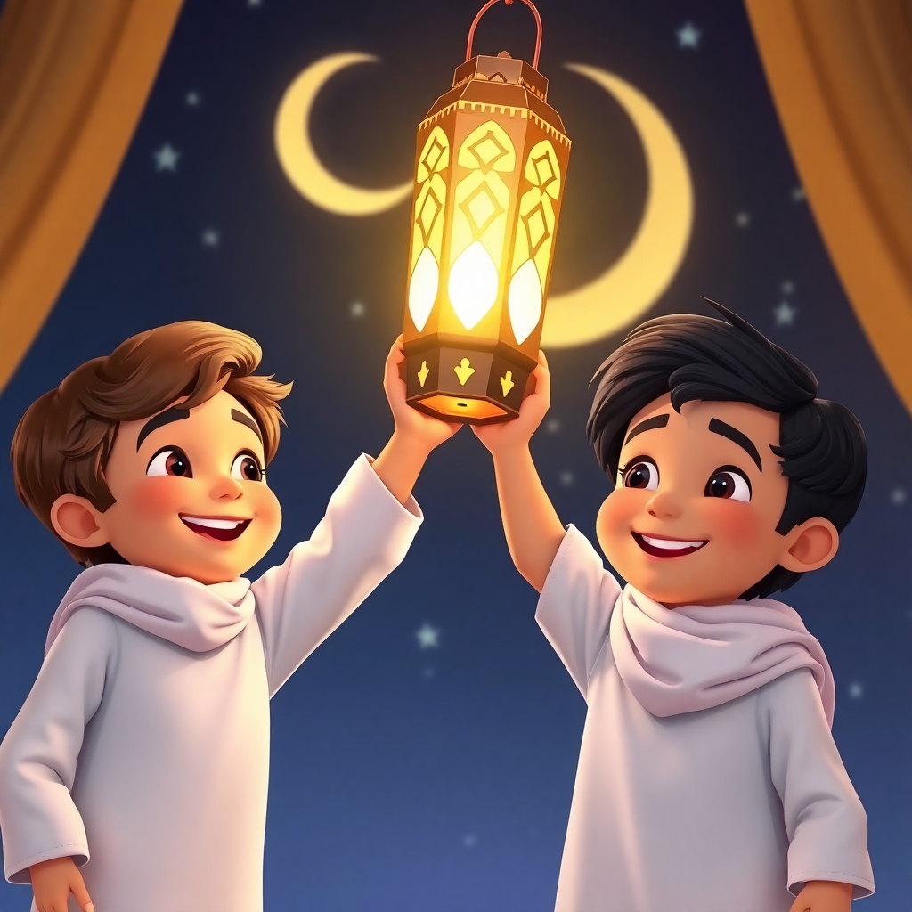 Ibrahim, 3 years old boy, brown wavy hair, wears white clothes, joyful, generous, peaceful and patience, and Salih, 3 years old boy, black straight hair, wears white clothes, friendly, helpful, joyful and patience, are holding up a brightly lit Ramadan lantern. The background shows a crescent moon and stars in a (vibrant:1.3) night sky. The scene is warm and inviting, capturing the spirit of Ramadan. (Full shot:1.2).