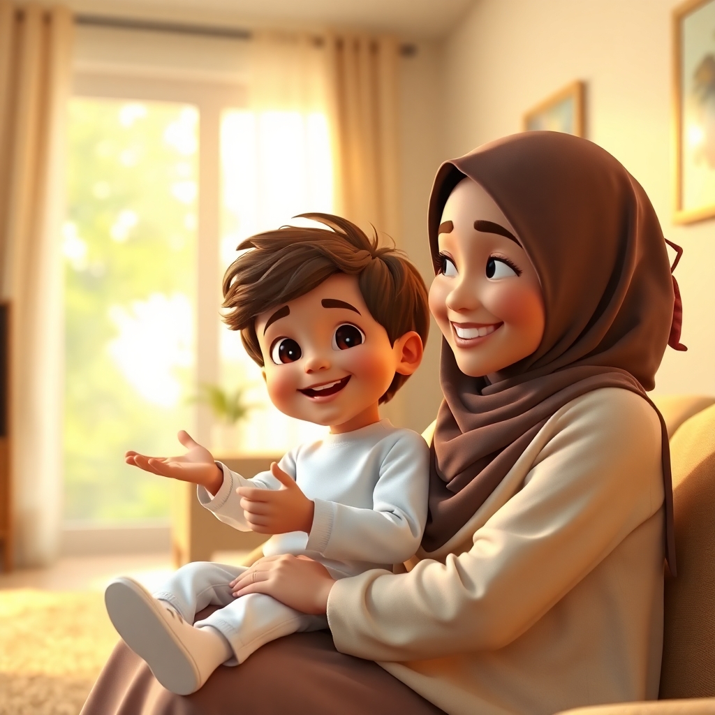Ibrahim, 3 years old boy, brown wavy hair, wears white clothes, joyful, generous, peaceful and patience, is sitting on his mother's lap in a brightly lit living room. The mother is smiling and gesturing towards a window. (Warm lighting:1.3) fills the room. (Medium shot:1.2).