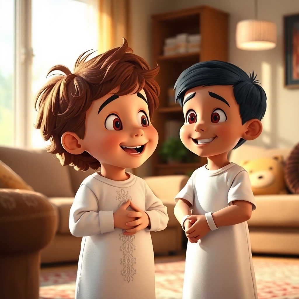 Ibrahim, 3 years old boy, brown wavy hair, wears white clothes, joyful, generous, peaceful and patience, and Salih, 3 years old boy, black straight hair, wears white clothes, friendly, helpful, joyful and patience, are looking excitedly at Ibrahim's mother. They are in the living room, bathed in (soft morning light:1.4). (Full shot:1.2).