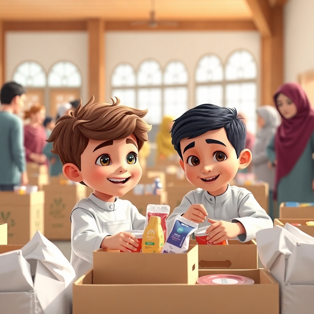 Ibrahim, 3 years old boy, brown wavy hair, wears white clothes, joyful, generous, peaceful and patience, and Salih, 3 years old boy, black straight hair, wears white clothes, friendly, helpful, joyful and patience, are packing food items into boxes. They are in a community center, surrounded by other volunteers. (Bright and cheerful atmosphere:1.3). (Side view:1.2).