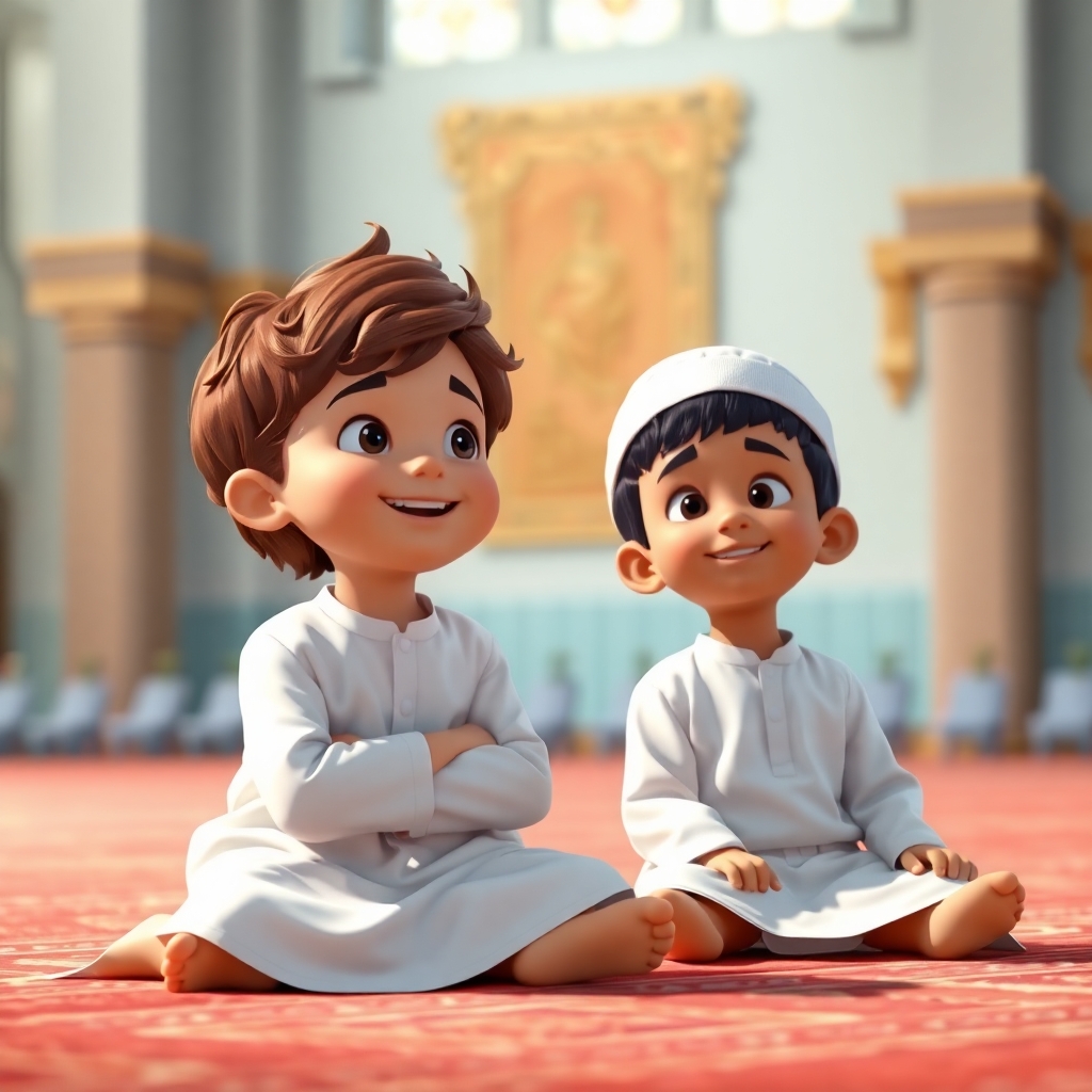 Ibrahim, 3 years old boy, brown wavy hair, wears white clothes, joyful, generous, peaceful and patience, and Salih, 3 years old boy, black straight hair, wears white clothes, friendly, helpful, joyful and patience, are sitting on the floor of a mosque, listening attentively to the Imam. (Soft, respectful lighting:1.4). (Medium shot:1.2).