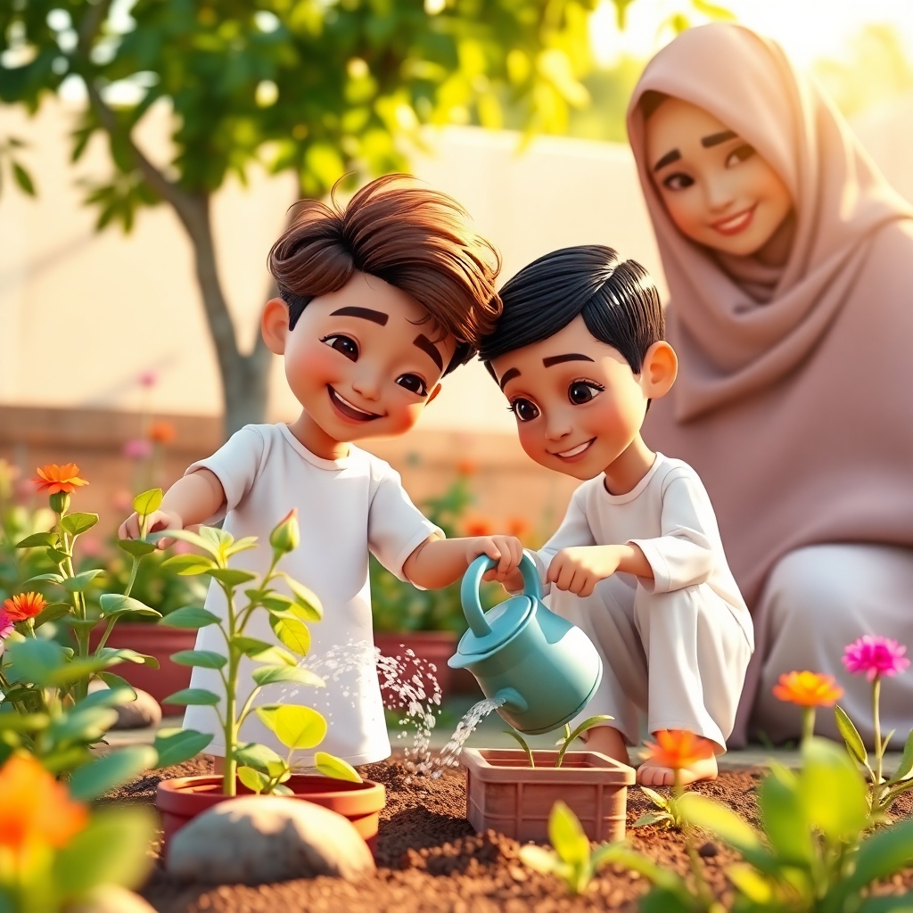 Ibrahim, 3 years old boy, brown wavy hair, wears white clothes, joyful, generous, peaceful and patience, and Salih, 3 years old boy, black straight hair, wears white clothes, friendly, helpful, joyful and patience, are watering plants in Auntie Fatima's garden. Auntie Fatima is smiling at them. (Warm afternoon sunlight:1.4) bathes the scene. (Full shot:1.2).
