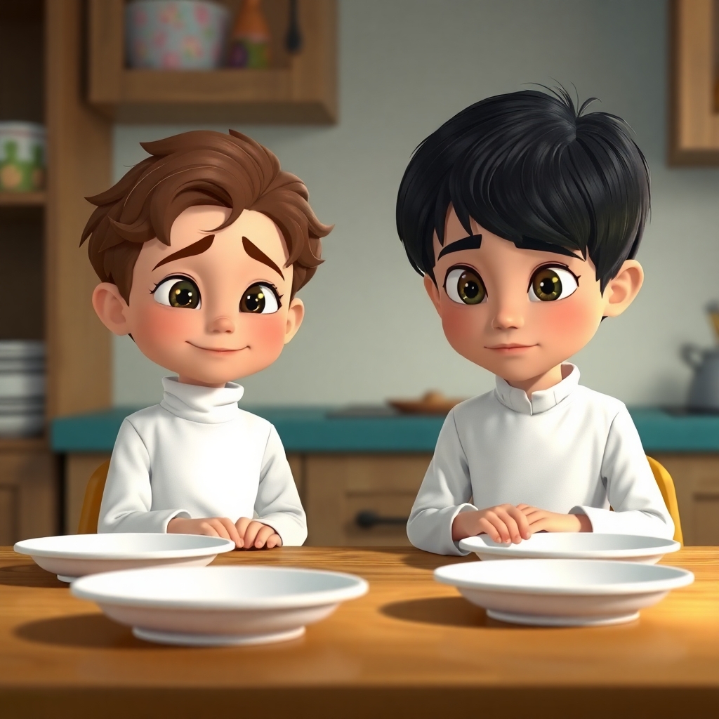 Ibrahim, 3 years old boy, brown wavy hair, wears white clothes, joyful, generous, peaceful and patience, and Salih, 3 years old boy, black straight hair, wears white clothes, friendly, helpful, joyful and patience, are sitting at a table, looking slightly tired. They are in a kitchen, with empty plates in front of them. (Soft, diffused lighting:1.4). (Medium shot:1.2).