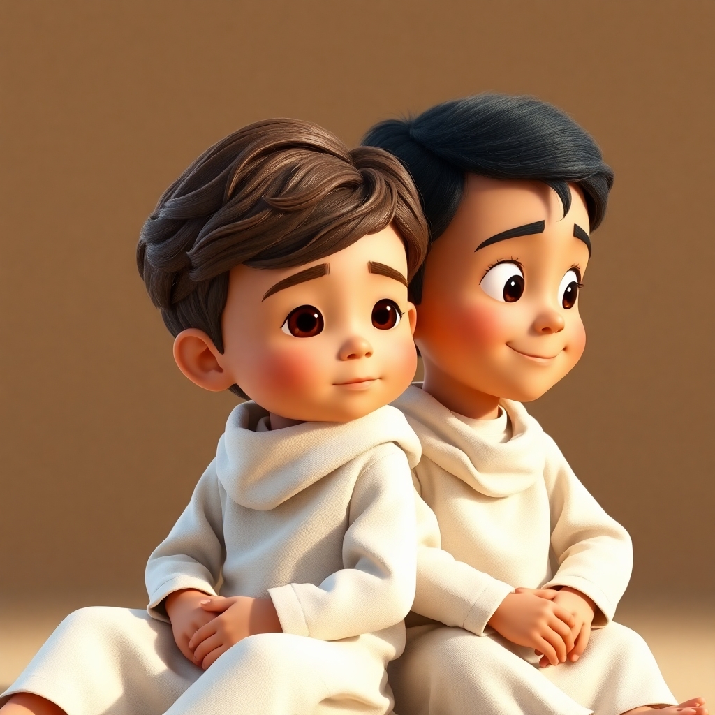 Ibrahim, 3 years old boy, brown wavy hair, wears white clothes, joyful, generous, peaceful and patience, and Salih, 3 years old boy, black straight hair, wears white clothes, friendly, helpful, joyful and patience, are sitting together, supporting each other. (Warm and supportive atmosphere:1.3). (Side view:1.2).