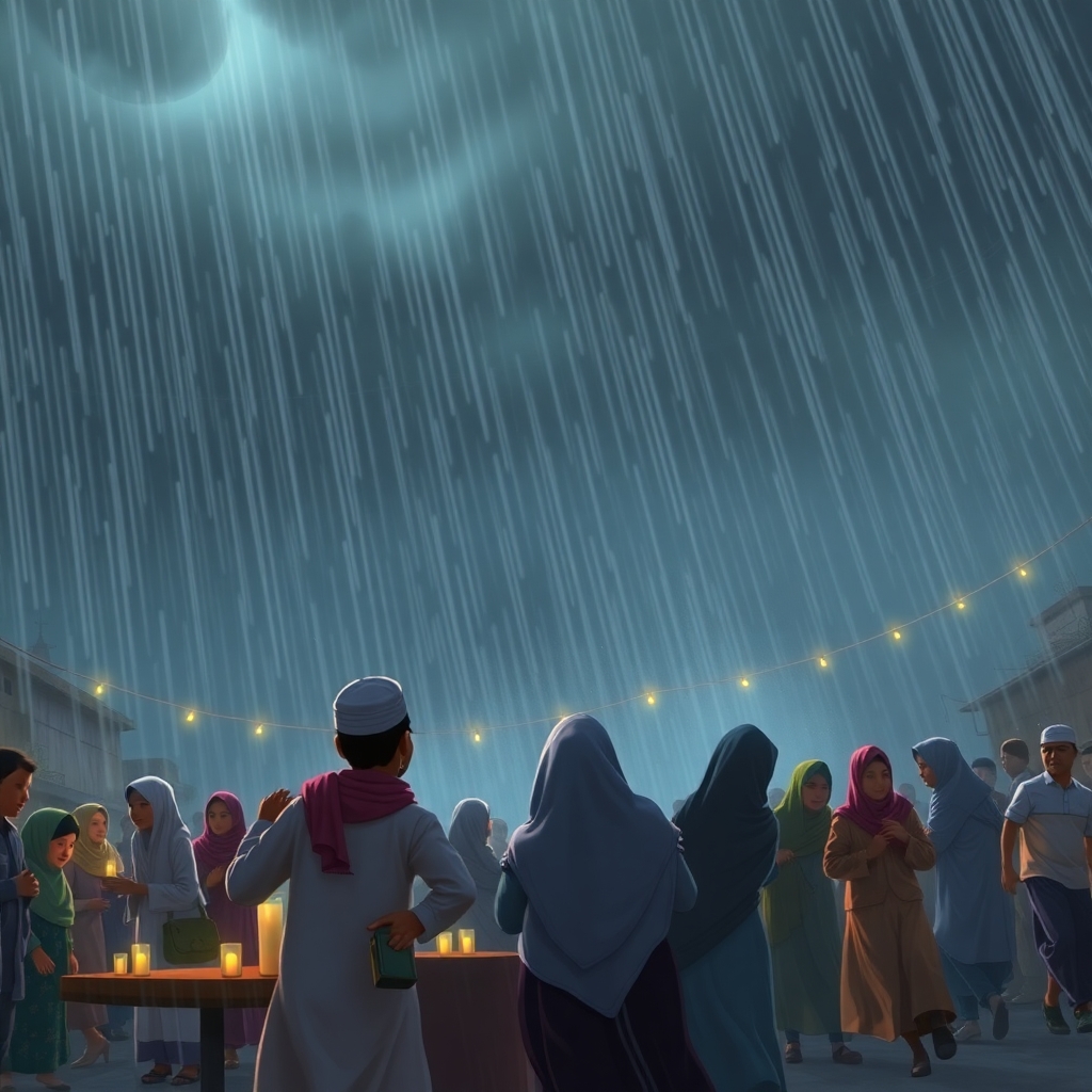 A community Iftar gathering is disrupted by a sudden storm. People are running for cover as the wind howls and rain pours down. The sky is dark and ominous. (Dramatic lighting:1.4). (Full shot:1.2).