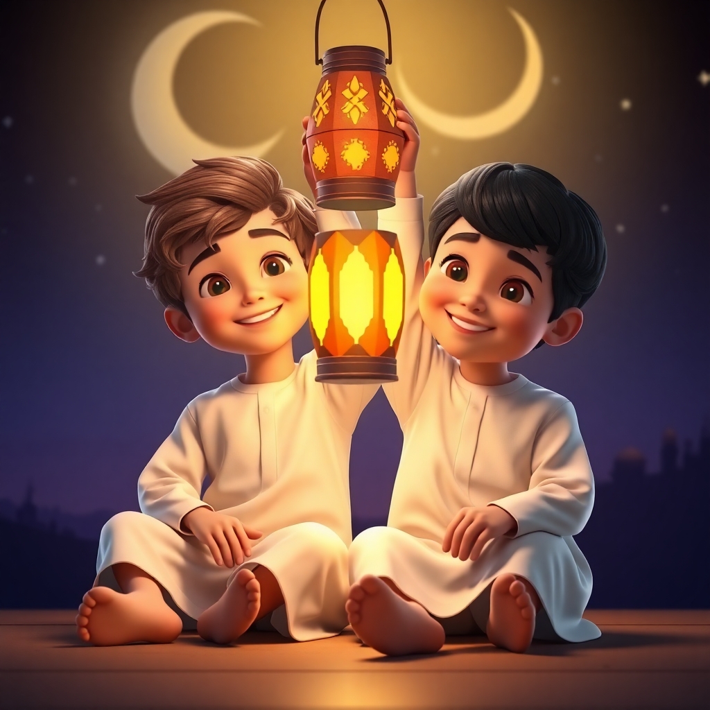 Ibrahim, 3 years old boy, brown wavy hair, wears white clothes, joyful, generous, peaceful and patience, and Salih, 3 years old boy, black straight hair, wears white clothes, friendly, helpful, joyful and patience, are sitting side-by-side, smiling, as they hold up a brightly lit Ramadan lantern. The background shows a crescent moon and stars in a (vibrant:1.3) night sky. The scene is warm and inviting, capturing the spirit of Ramadan. (Full shot:1.2).