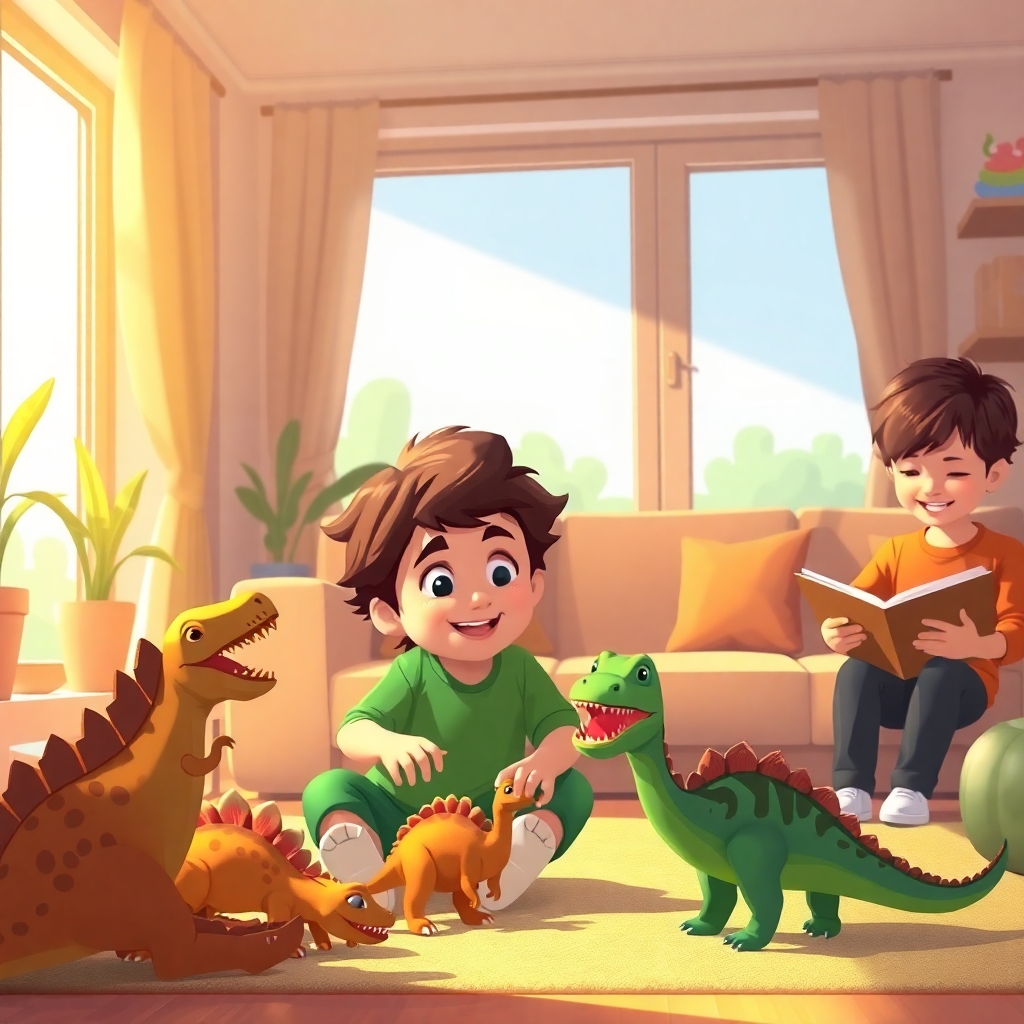 Ibrahim, 3 years old boy, brown wavy hair, wears green clothes, joyful, curious and strong, playing with toys in a sunny living room. Yusuf, 6 years old boy, brown straight hair, wears brown clothes, curious, helpful, happy, reading a book nearby. Warm lighting, (cozy atmosphere:1.3), side view, medium shot.