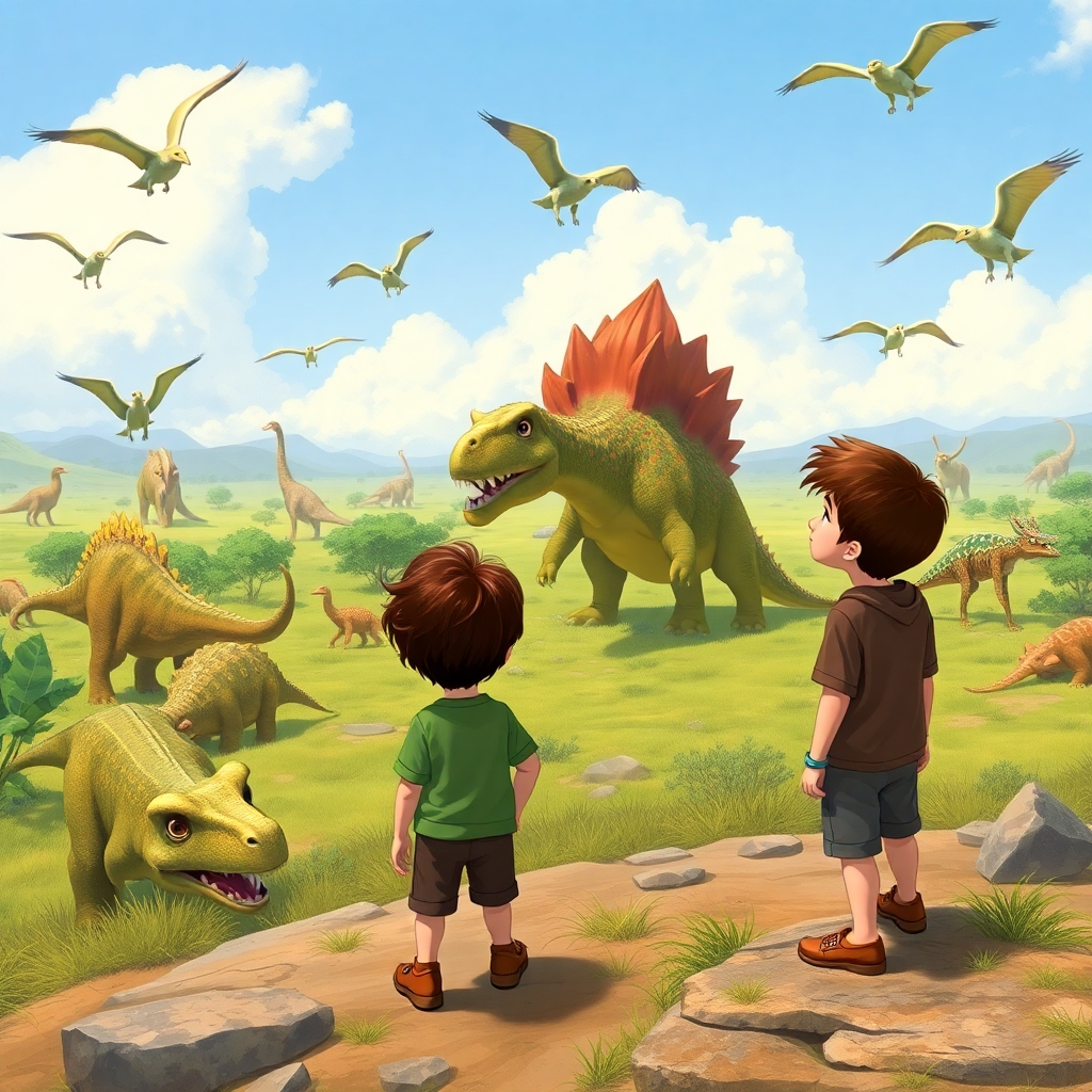 A wide landscape showing various dinosaurs including Triceratops, Brachiosaurus, and Pterodactyls. Ibrahim, 3 years old boy, brown wavy hair, wears green clothes, joyful, curious and strong, Yusuf, 6 years old boy, brown straight hair, wears brown clothes, curious, helpful, happy, and Spike the Stegosaurus are observing them in awe. (Panoramic view:1.3), (bright colors:1.2), full shot.