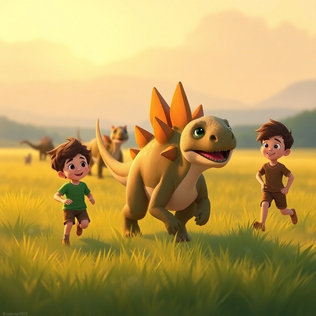 Spike the Stegosaurus running towards his herd in a grassy field. Ibrahim, 3 years old boy, brown wavy hair, wears green clothes, joyful, curious and strong, and Yusuf, 6 years old boy, brown straight hair, wears brown clothes, curious, helpful, happy, are watching the reunion with joyful expressions. (Warm sunset:1.3), medium shot, side view.