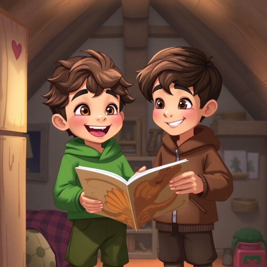 Ibrahim, 3 years old boy, brown wavy hair, wears green clothes, joyful, curious and strong, and Yusuf, 6 years old boy, brown straight hair, wears brown clothes, curious, helpful, happy, standing in their attic, looking at the dinosaur book with smiles. (Soft lighting:1.2), (cozy atmosphere:1.3), medium shot.