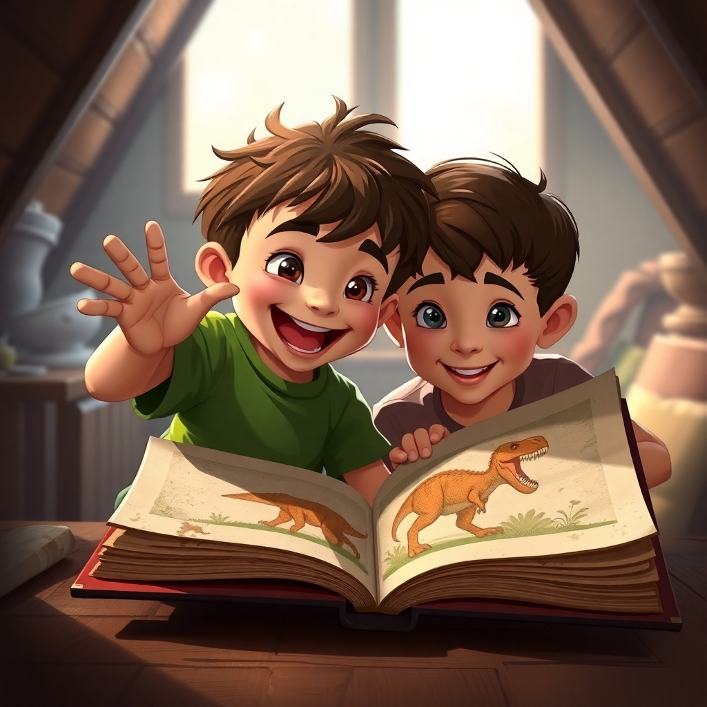 Ibrahim, 3 years old boy, brown wavy hair, wears green clothes, joyful, curious and strong, pointing excitedly at a dinosaur picture in a dusty book. Yusuf, 6 years old boy, brown straight hair, wears brown clothes, curious, helpful, happy, looking at the book with interest. (Attic setting:1.3), (morning sunlight:1.2), close-up.