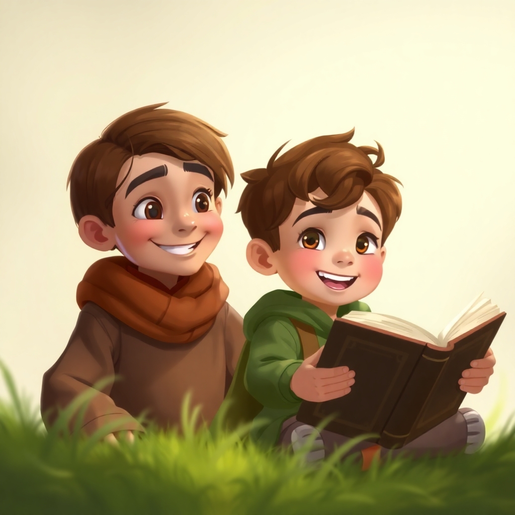 Yusuf, 6 years old boy, brown straight hair, wears brown clothes, curious, helpful, happy, smiling reassuringly at Ibrahim. Ibrahim, 3 years old boy, brown wavy hair, wears green clothes, joyful, curious and strong, looking expectantly at the book. Soft lighting, (whimsical atmosphere:1.3), medium shot.