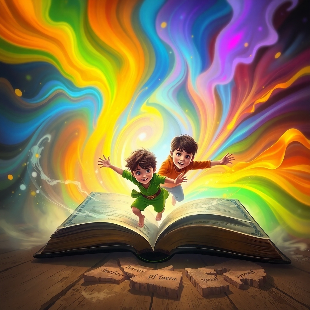A swirling vortex of colors emerging from an old, dusty book. Ibrahim and Yusuf are being pulled into the vortex. (Magical effect:1.5), (vibrant colors:1.3), dynamic angle.