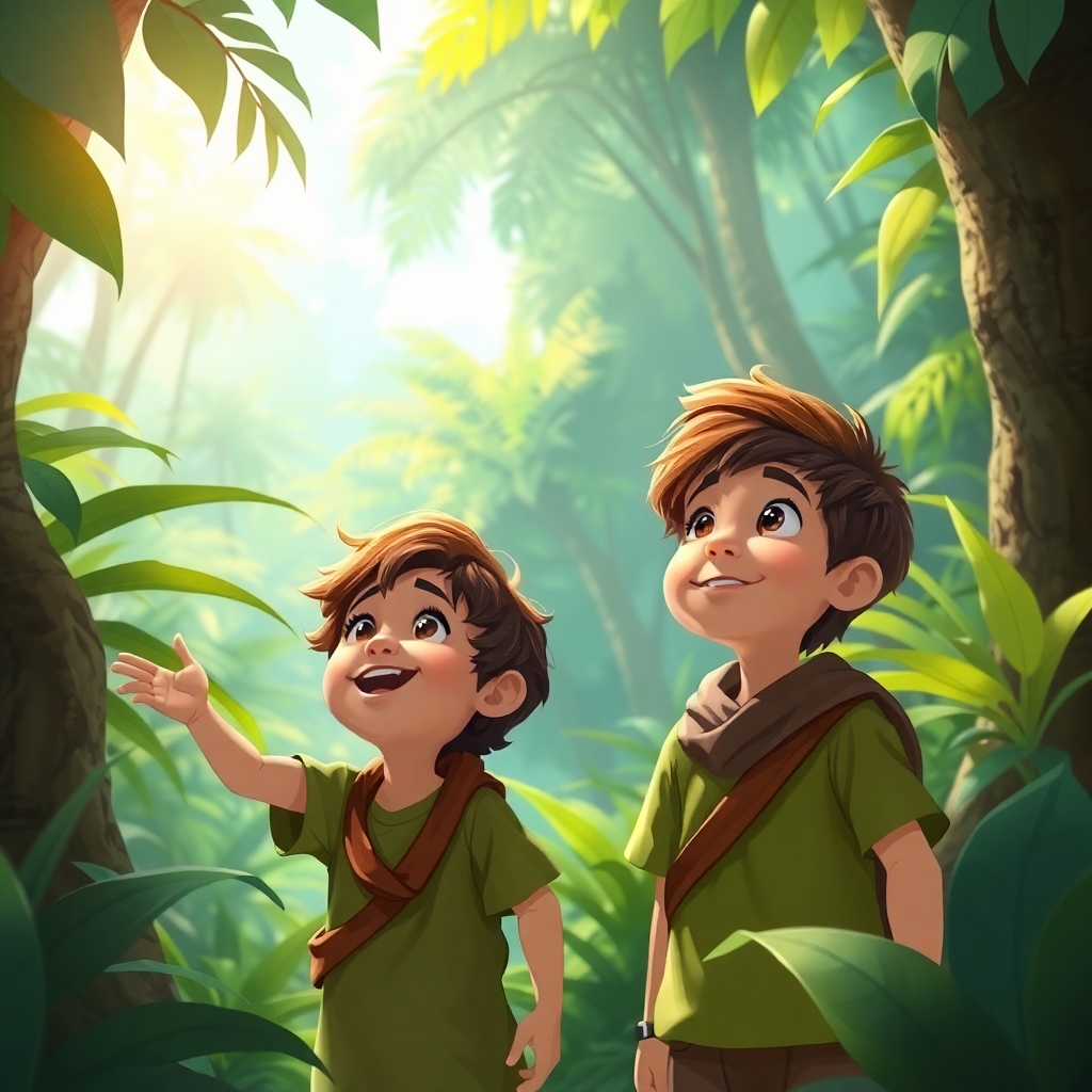 Ibrahim, 3 years old boy, brown wavy hair, wears green clothes, joyful, curious and strong, gazing in wonder at the lush jungle surroundings. Yusuf, 6 years old boy, brown straight hair, wears brown clothes, curious, helpful, happy, looking equally amazed. (Lush jungle:1.4), (bright sunlight:1.2), full shot.
