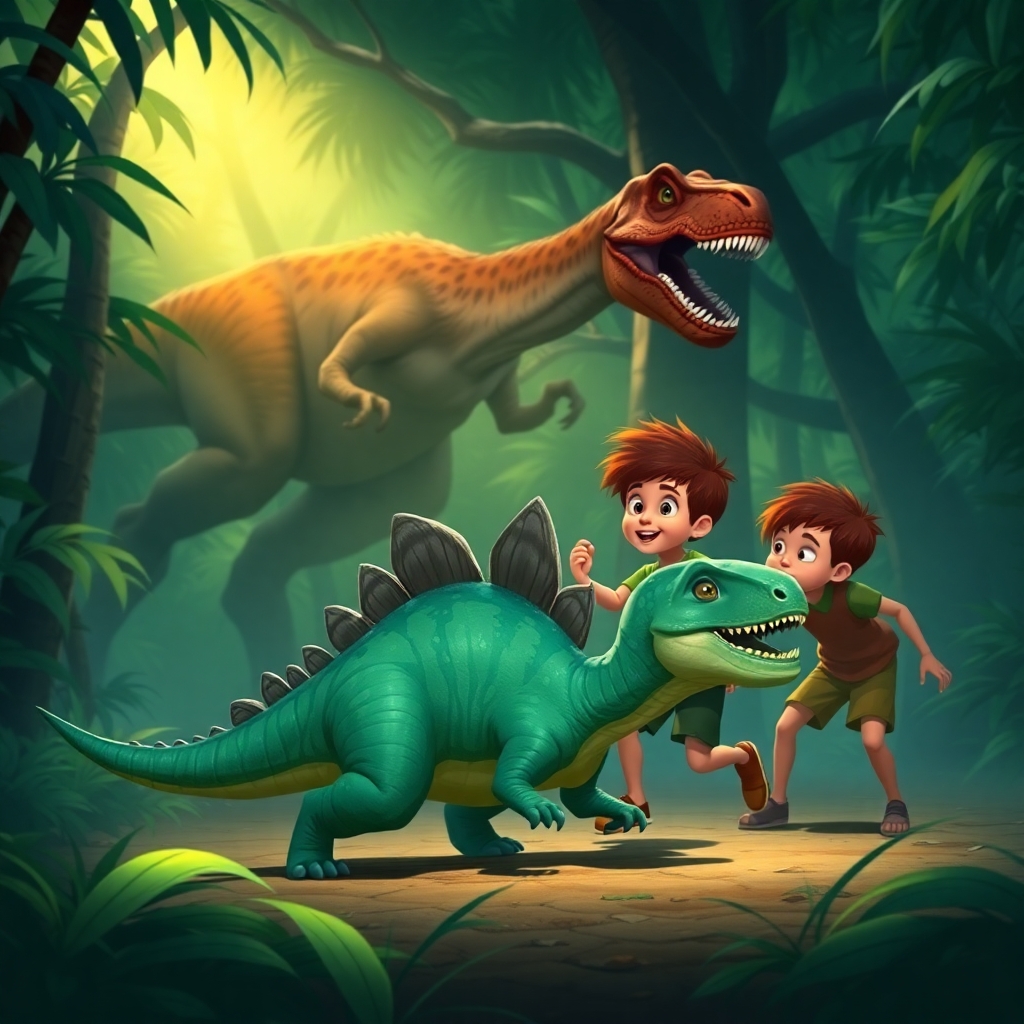 A small, scared Stegosaurus running away from a menacing Velociraptor in a dense jungle. Ibrahim, 3 years old boy, brown wavy hair, wears green clothes, joyful, curious and strong, yelling at the Velociraptor. Yusuf, 6 years old boy, brown straight hair, wears brown clothes, curious, helpful, happy, standing beside Ibrahim, ready to help. (Dramatic lighting:1.3), side view, medium shot.