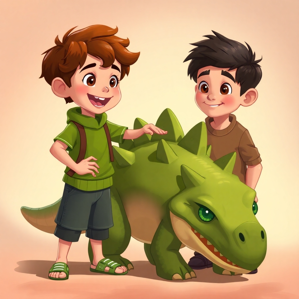 Ibrahim, 3 years old boy, brown wavy hair, wears green clothes, joyful, curious and strong, petting a friendly Stegosaurus named Spike. Yusuf, 6 years old boy, brown straight hair, wears brown clothes, curious, helpful, happy, smiling at the scene. Warm lighting, (gentle atmosphere:1.3), close-up.