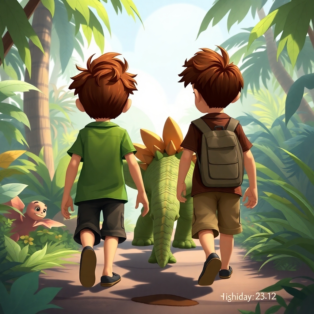 Ibrahim, 3 years old boy, brown wavy hair, wears green clothes, joyful, curious and strong, Yusuf, 6 years old boy, brown straight hair, wears brown clothes, curious, helpful, happy, and Spike the Stegosaurus walking together through a vibrant jungle. (Sunny day:1.2), full shot, back view.
