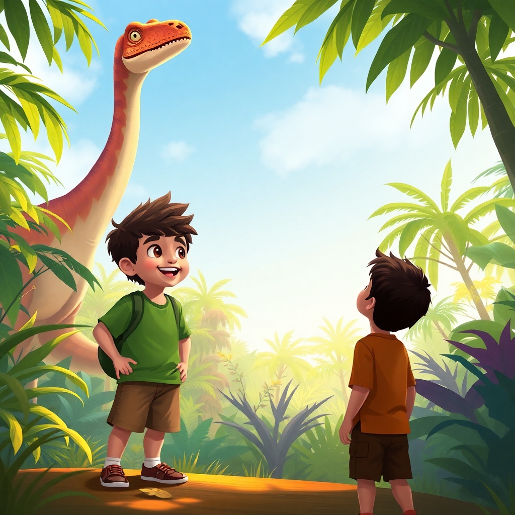 Ibrahim, 3 years old boy, brown wavy hair, wears green clothes, joyful, curious and strong, and Yusuf, 6 years old boy, brown straight hair, wears brown clothes, curious, helpful, happy, stand at the edge of a vibrant jungle, looking in awe at a friendly Brachiosaurus reaching for the treetops. (bright colors:1.5), (lush vegetation:1.3), warm lighting, full shot.