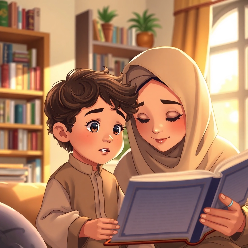 İbrahim, toddler boy with brown wavy hair, medium skin color, wearing Islamic clothing, listening attentively to his mother while she reads a book, cozy living room with bookshelves and soft sunlight, warm afternoon light and curious and engaged, Illustration for children's book, close-up of Ibrahim and his mother,