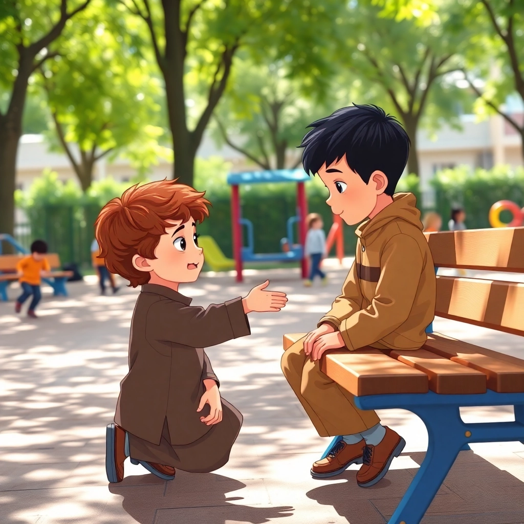İbrahim, toddler boy with brown wavy hair, medium skin color, wearing Islamic clothing, approaching Ali who is sitting alone on a bench, school playground with other children playing in the background, slightly overcast daylight and compassionate and supportive, Illustration for children's book, medium shot focusing on Ibrahim and Ali,