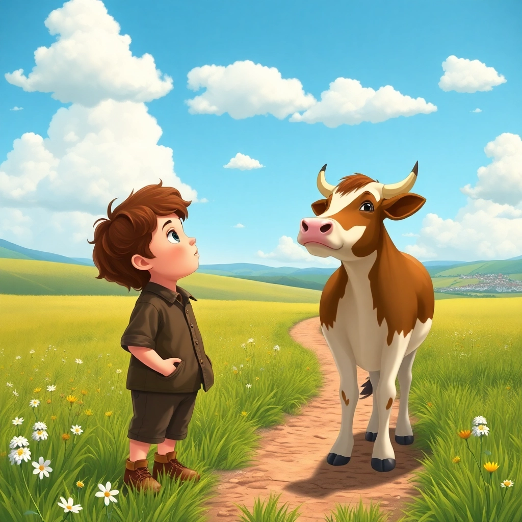 İbrahim, toddler boy with brown wavy hair, medium skin color, wearing Rural clothing, Ibrahim talks to a cow standing in a pasture, Green pasture with a wooden fence, Bright daylight and Hopeful and polite, Illustration for children's book, Medium shot showing both Ibrahim and the cow,