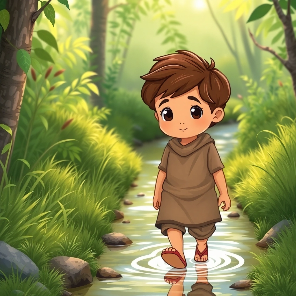 İbrahim, toddler boy with brown wavy hair, medium skin color, wearing Rural clothing, Ibrahim walks along a stream, Small stream surrounded by lush greenery, Soft, filtered sunlight and Calm and peaceful, Illustration for children's book, Medium shot following Ibrahim along the stream,