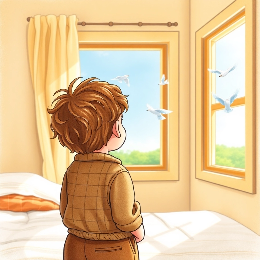 İbrahim, toddler boy with brown wavy hair, medium skin color, wearing Rural clothing, looks out the window at birds flying by, sunny bedroom with a view outside, bright morning light and content and grateful, Hand-drawn illustration, colored pencil, whimsical., medium shot from behind,
