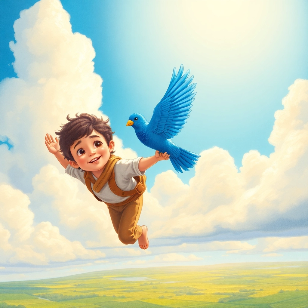İbrahim, toddler boy with brown wavy hair, medium skin color, wearing Rural clothing, grabs onto the wing of a bright blue sparrow, initial view of rooftops below, early morning sunlight and thrilled and adventurous, Hand-drawn illustration, colored pencil, whimsical., over-the-shoulder perspective,