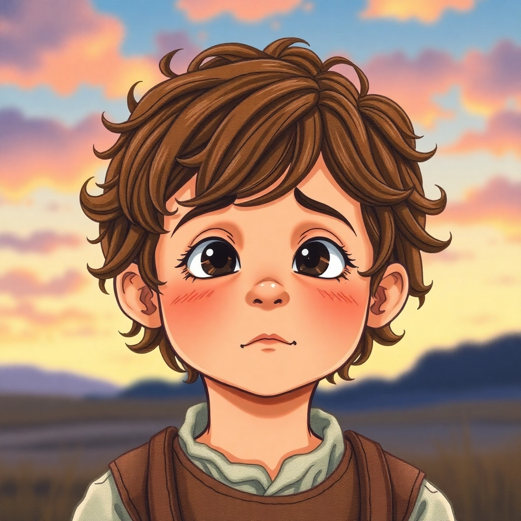 İbrahim, toddler boy with brown wavy hair, medium skin color, wearing Rural clothing, looks a bit tired and thoughtful, twilight sky with fading colors, dimming light and slightly sad but content, Hand-drawn illustration, colored pencil, whimsical., close-up of face,