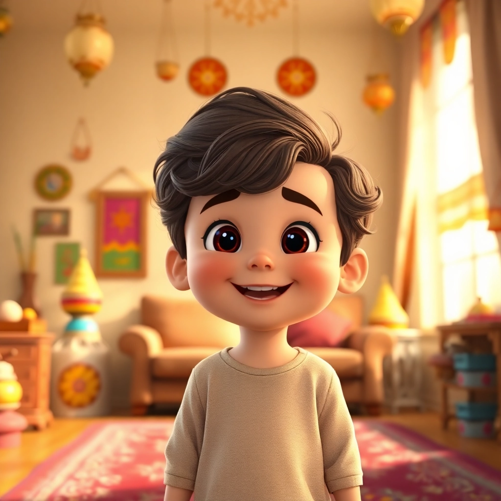 Ibrahim, a happy toddler with wavy brown hair, standing in a sunlit living room filled with colorful islamic decorations, warm lighting, Pixar-like character design, soft focus, medium shot, emphasizing the festive atmosphere and Ibrahim's joyful expression, 2K quality.