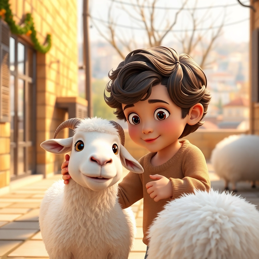 Ibrahim, a toddler with wavy brown hair and medium skin, gently pets a white friendly sheep in a sunny courtyard, Istanbul cityscape in the background, warm sunlight, Pixar-like character design, octane render, highly detailed, medium shot, showcasing the bond between the boy and the sheep during the festive season.