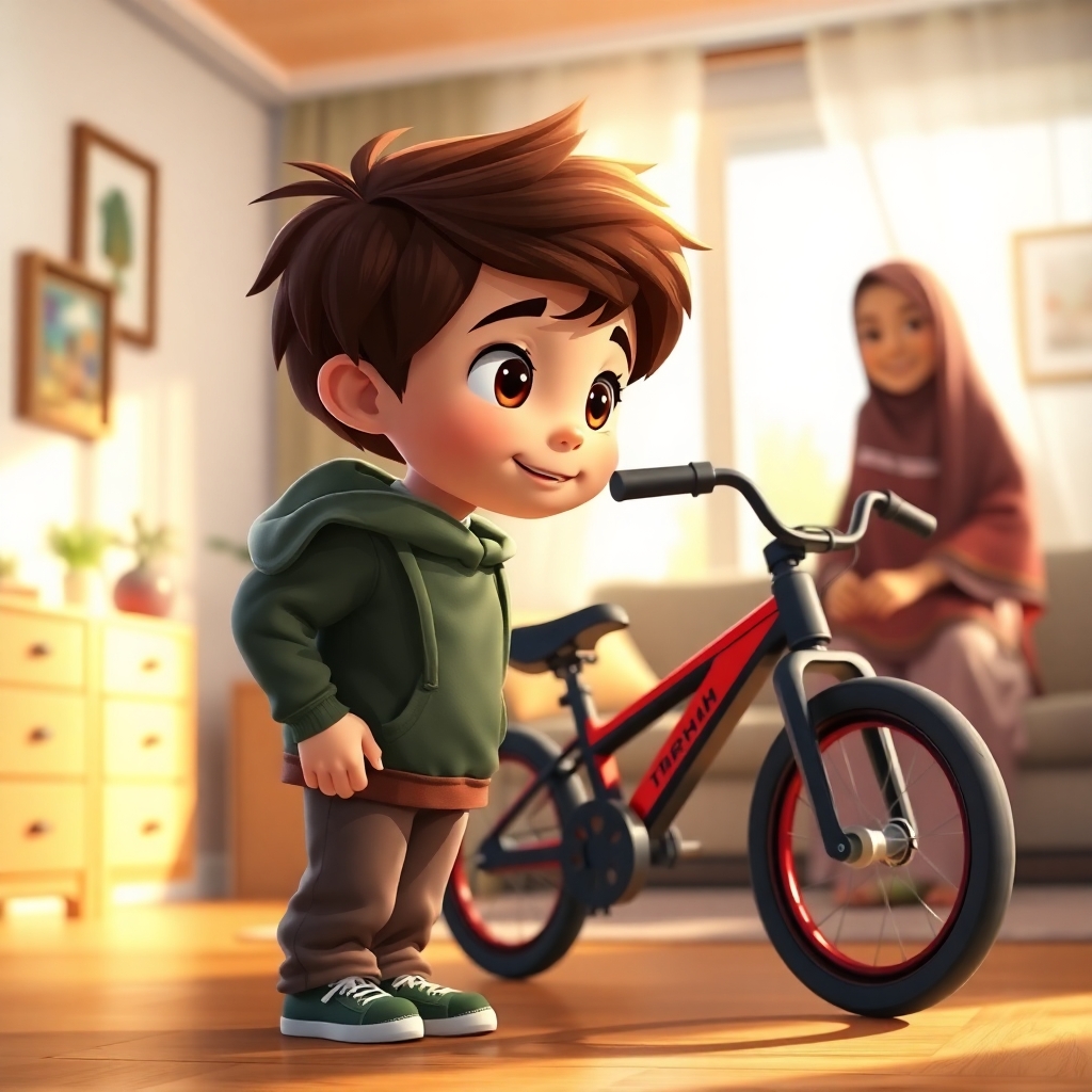 Ibrahim, 3 years old boy, energetic, patience, hardworking, standing in his living room with his parents. His parents are smiling, and Ibrahim is looking excitedly at the black and red bike. The room is filled with soft morning light. (bright colors:1.3), (warm light:1.2).