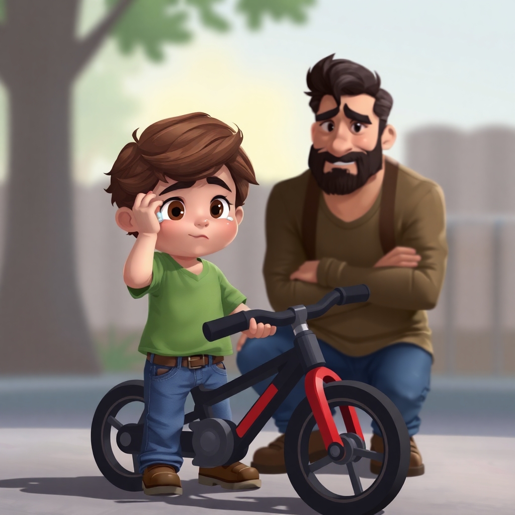 Ibrahim, 3 years old boy, energetic, patience, hardworking, wiping away his tears and looking determined. His dad is smiling encouragingly at him. The black and red bike is still on the ground. (determined:1.2), (park:1.1).