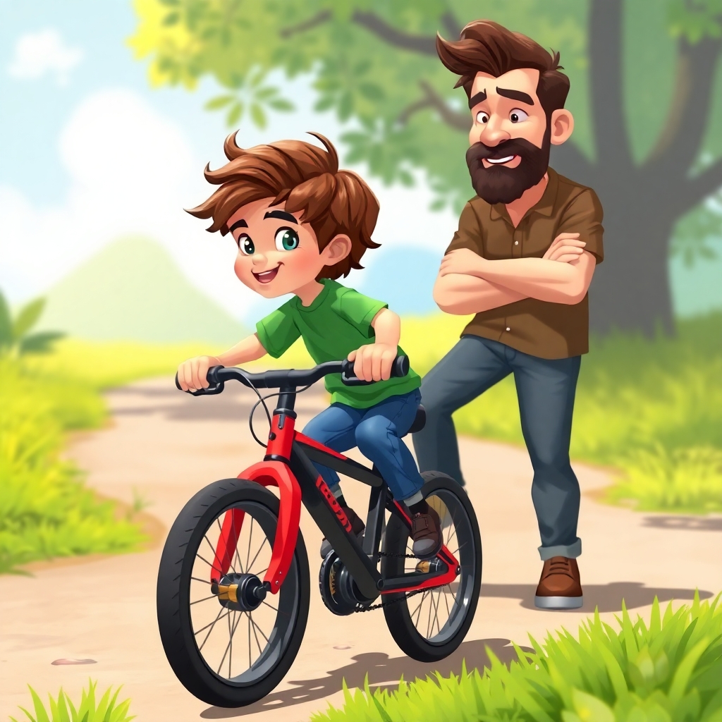 Ibrahim, 3 years old boy, energetic, patience, hardworking, getting back on his black and red bike with determination. He's focused on the path ahead. His dad is watching him with pride. (bright colors:1.3), (sunny day:1.2).