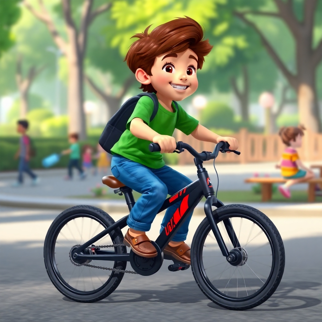 Ibrahim, 3 years old boy, energetic, patience, hardworking, riding his black and red bike confidently around the park. He's smiling and enjoying the ride. The background shows other children playing. (joyful:1.2), (park:1.1).
