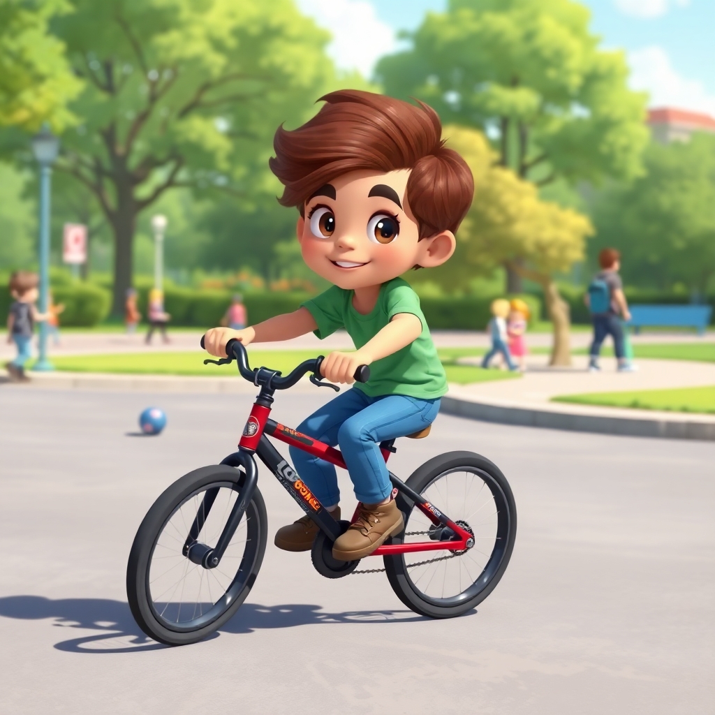 Ibrahim, 3 years old boy, energetic, patience, hardworking, confidently riding his black and red bike around the park. He's turning a corner with ease. The park is busy with other children. (bright colors:1.3), (sunny day:1.2).