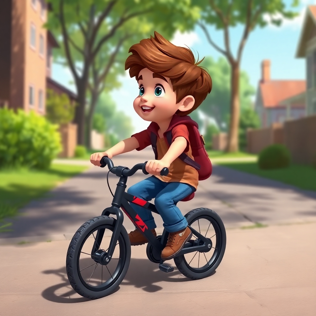 Ibrahim, 3 years old boy, energetic, patience, hardworking, riding his black and red bike on a paved path, exploring the neighborhood. He's looking around with curiosity and joy. (adventurous:1.2), (sunny day:1.1).