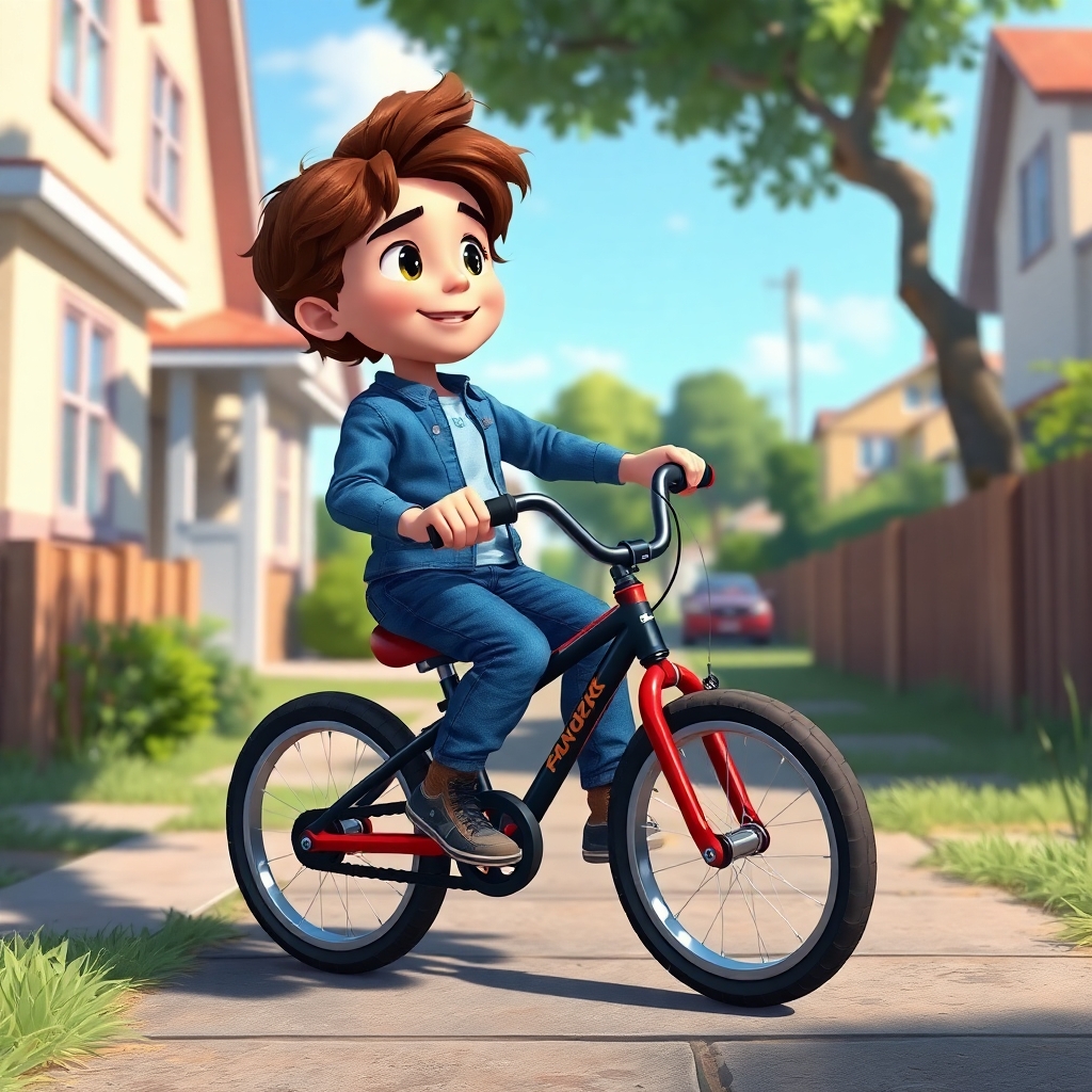 Ibrahim, 3 years old boy, energetic, patience, hardworking, standing next to his black and red bike, smiling proudly. He's looking at the sunset. (happy:1.3), (sunset:1.2).