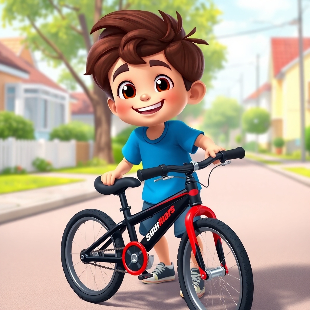Ibrahim, 3 years old boy, energetic, patience, hardworking, pushing his black and red bike towards the park. He's wearing a blue t-shirt and has a big smile on his face. The background shows a sunny neighborhood street. (bright colors:1.3), (sunny day:1.2).