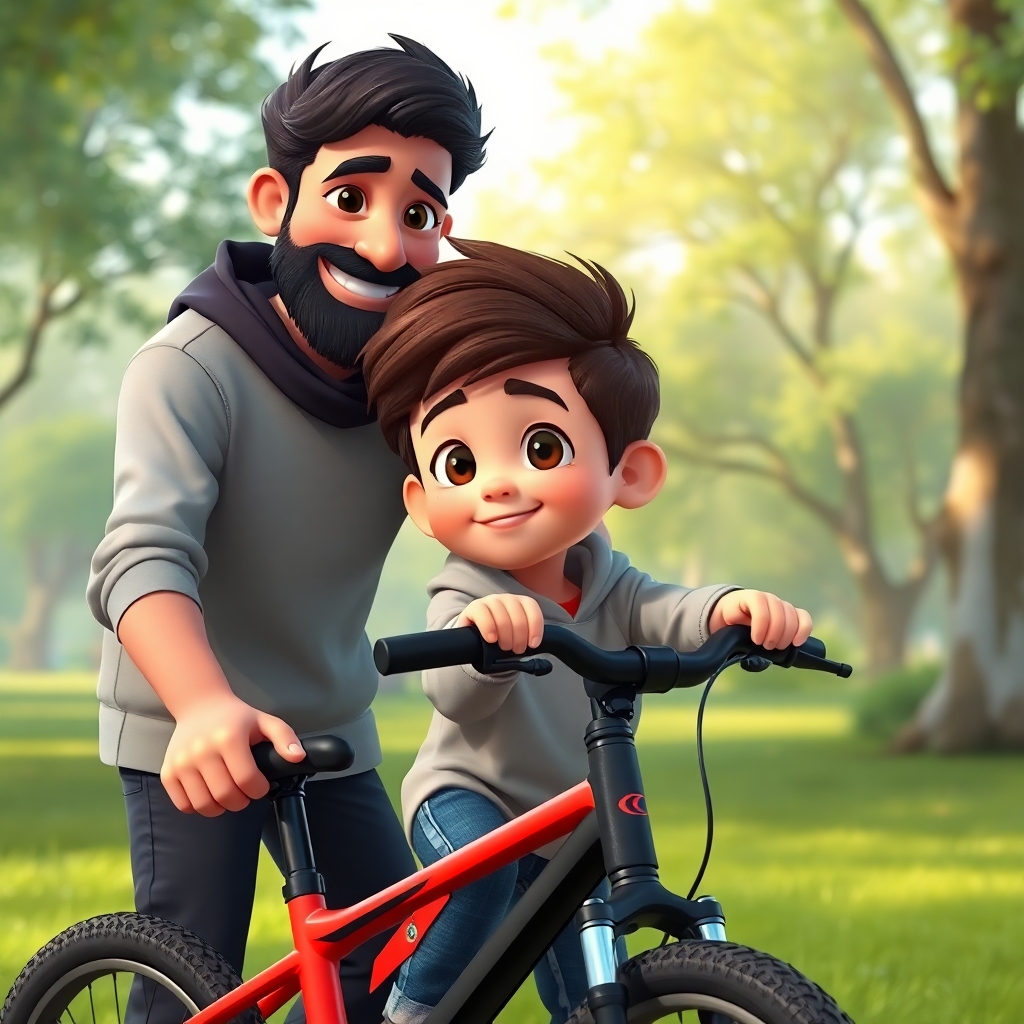 Ibrahim, 3 years old boy, energetic, patience, hardworking, sitting on his black and red bike in the park. His dad is standing beside him, smiling and holding onto the bike. The park is green and lush, with trees in the background. (warm light:1.2), (side view:1.1).
