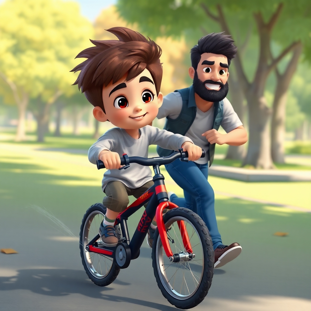 Ibrahim, 3 years old boy, energetic, patience, hardworking, wobbling on his black and red bike in the park. His dad is running alongside him, holding onto the bike to steady him. (bright colors:1.3), (park:1.2).